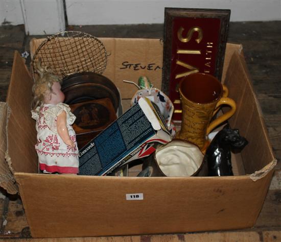 Group of curios including Doulton, K+R doll, caddy etc